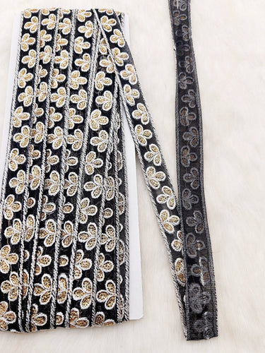Wholesale Black Net Lace Floral Embroidery & Glitter Gold Sequins, Indian Wedding Border, Gifting Ribbon Costume Trim Fashion Trimming